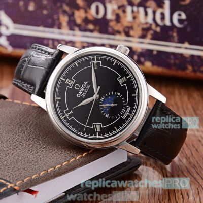 New Clone Omega De Ville Mineral Crystal Watch Black Dial With Leather Strap